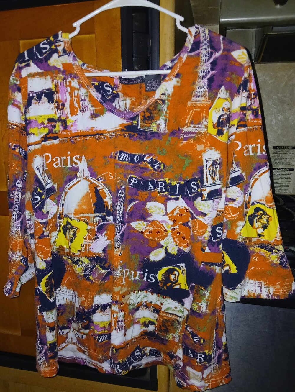 Women's French Postcards Paris  Eiffel Tower Floral Sequin Top Blouse Size XL